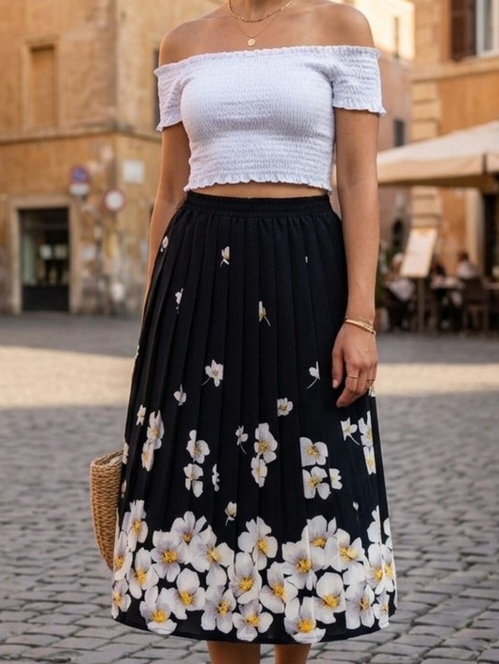 TanJay Navy White Pull On Elastic Waist Floral Pleated Boho Midi Skirt Size 12